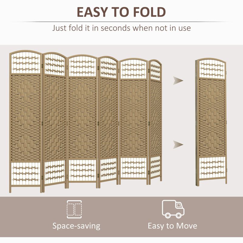 6 Panel Folding Room Divider Portable Privacy Screen Wave Fiber Room Partition for Home Office Natural