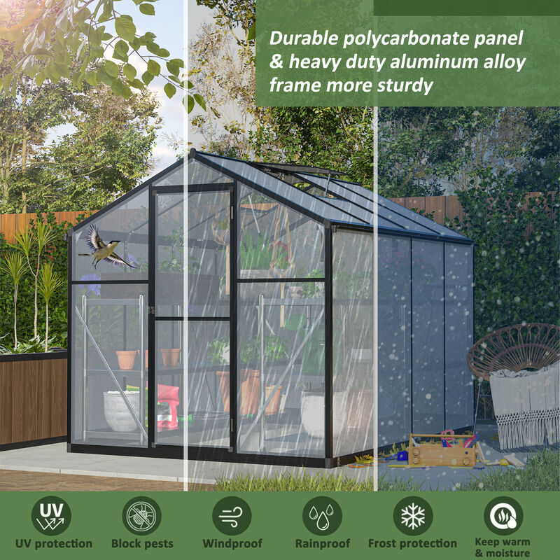 6x8 FT Greenhouse for Outdoors, Polycarbonate Greenhouse with Quick Setup Structure and Roof Vent image number 7