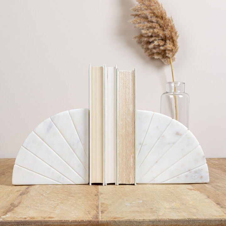 Modern Arched Semicircle Marble Bookends with Carved Detail, White, Set of 2