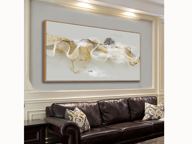 Modern Zen Landscape Canvas &ndash; 20x40" Framed Wall Art with Gold & White Lines for Living Room & Bedroom
