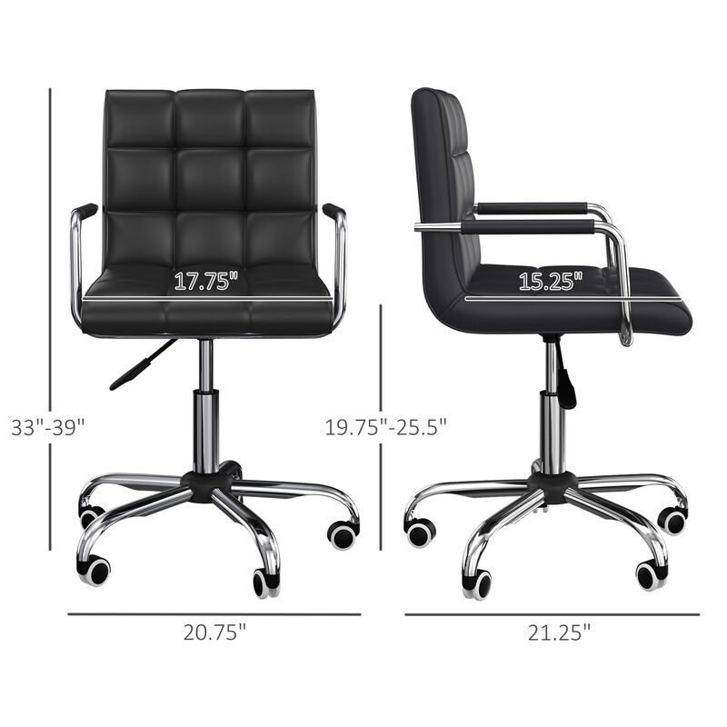 Ergonomic Task Seat: Black PU Leather Mid-Back Office Chair on Wheels