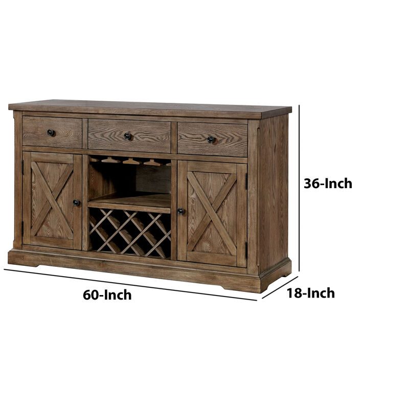 60 Inch Rustic Wood Server Buffet Cabinet Console, Wine Bar, Stemware, Oak