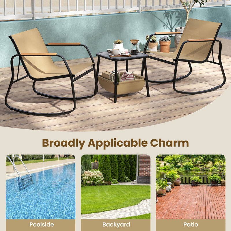 Brown 3-Piece Outdoor Rocking Bistro Set with Side Table and Storage Bag image number 7