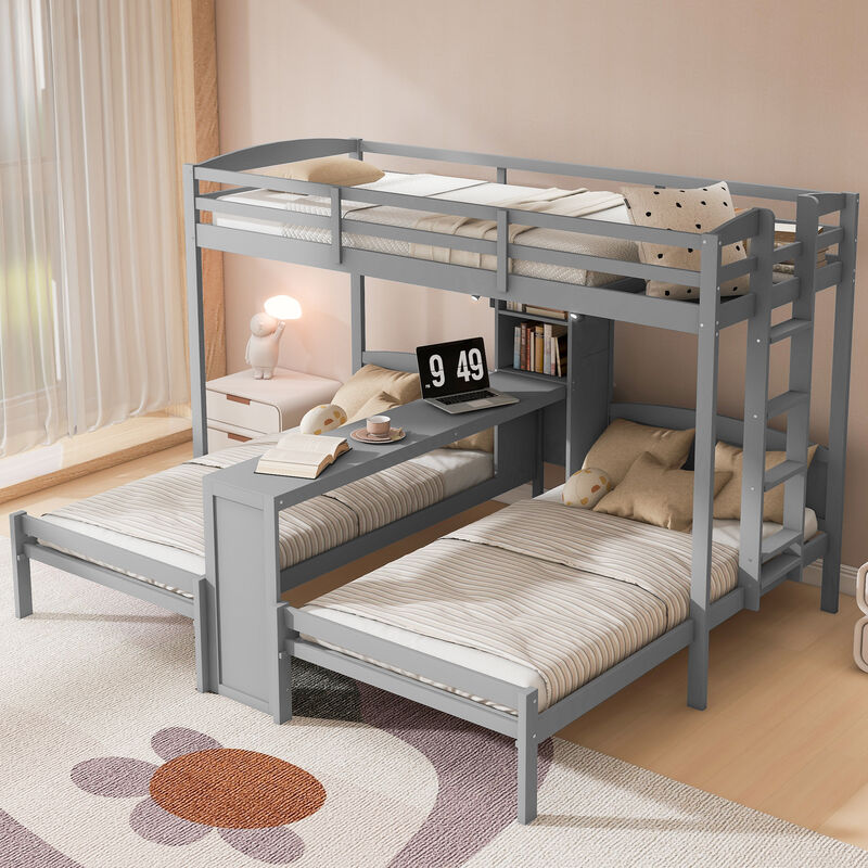 Merax Twin over Twin&Twin Bunk Bed with Built-in Desk and Storage Shelves image number 2