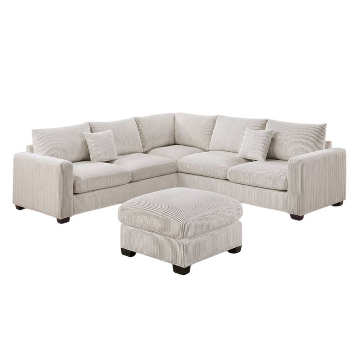 Rey 4pc L Sectional Sofa Set, 2 Accent Pillows, Ivory Corduroy Fabric - Benzara