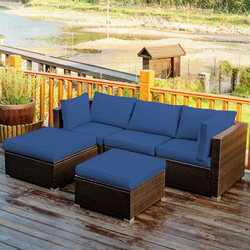 5 Pieces Patio Rattan Sofa Set with Cushion and Ottoman