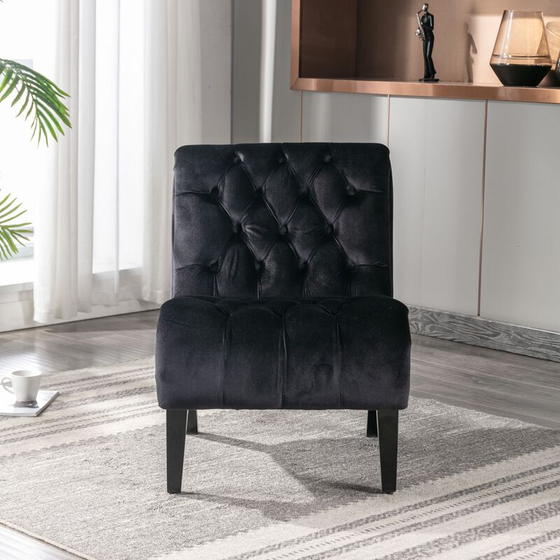 Modern Velvet Accent Chair, Armless Button Tufted Upholstered Barrel Chair with Wood Legs for Living Room, Bedroom, Office image number 2