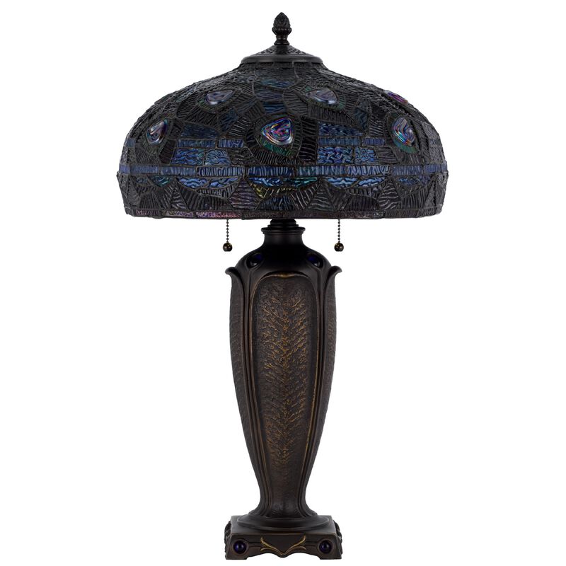 Table Lamp with Pull Chain, Blue Tiffany Stained Glass, 26 Inch Dark Bronze image number 3
