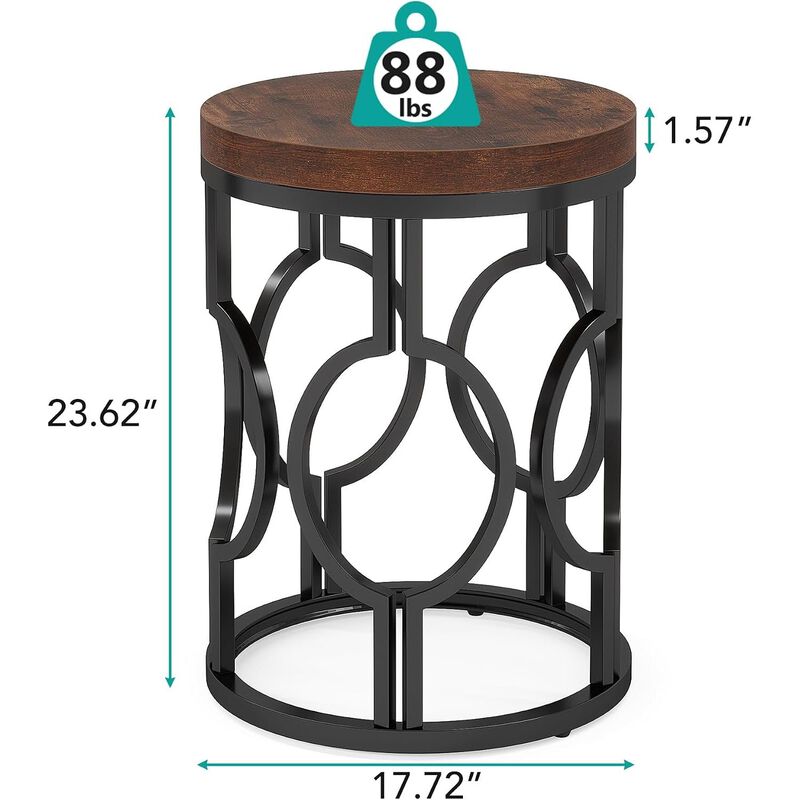 Tribesigns Round End Table, Industrial Side Table with Metal Hollow Frame, Rustic Brown Nightstand Bedside Table for Living Room and Bedroom, Walnut Finish Sofa Table, Holds 88 lbs image number 5