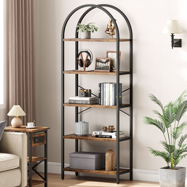 Modern Industrial Arched 5-Tier Open Bookshelf, Curved Metal Frame Freestanding Storage Display Shelf for Living Room, Bedroom & Home Office