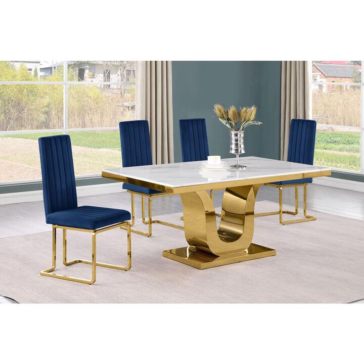 5pc Small(66") marble top dining set with gold base and 4 Navy blue chairs