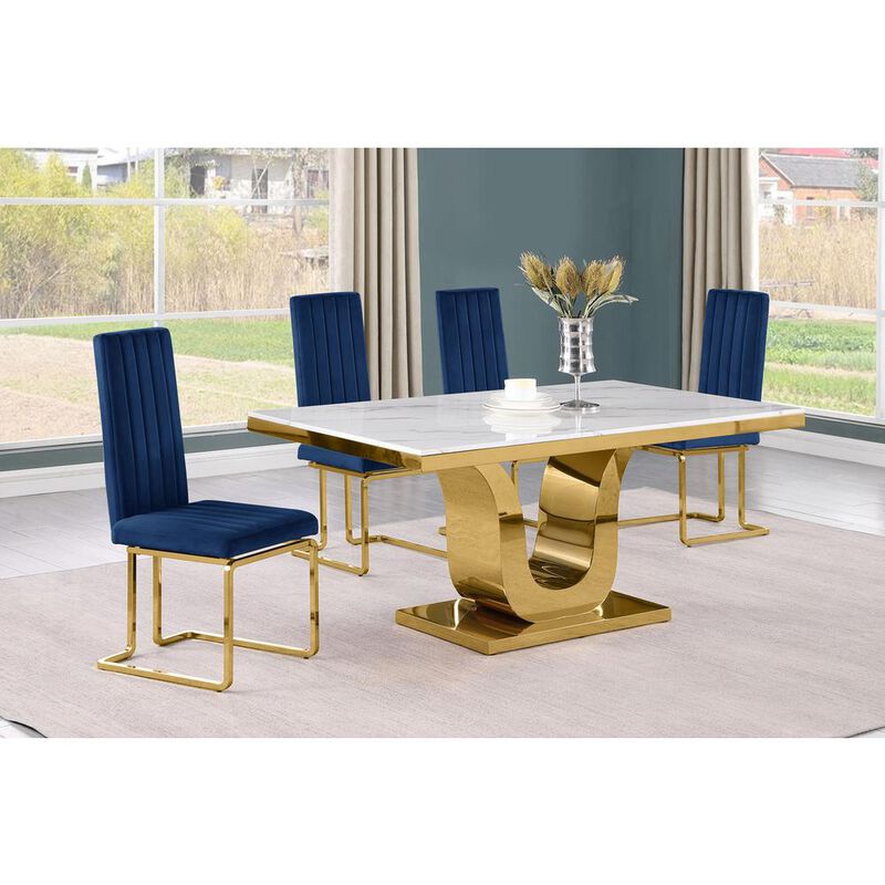 5pc Small(66") marble top dining set with gold base and 4 Navy blue chairs