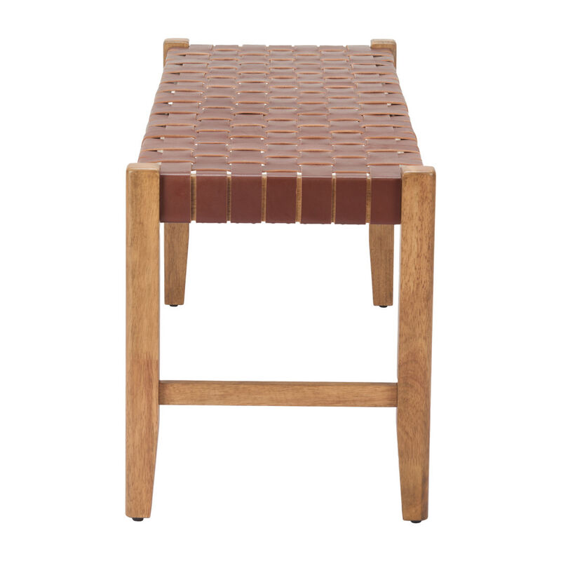 HomeRoots 48" Brown and Natural Genuine Leather and Solid Wood Bench image number 3
