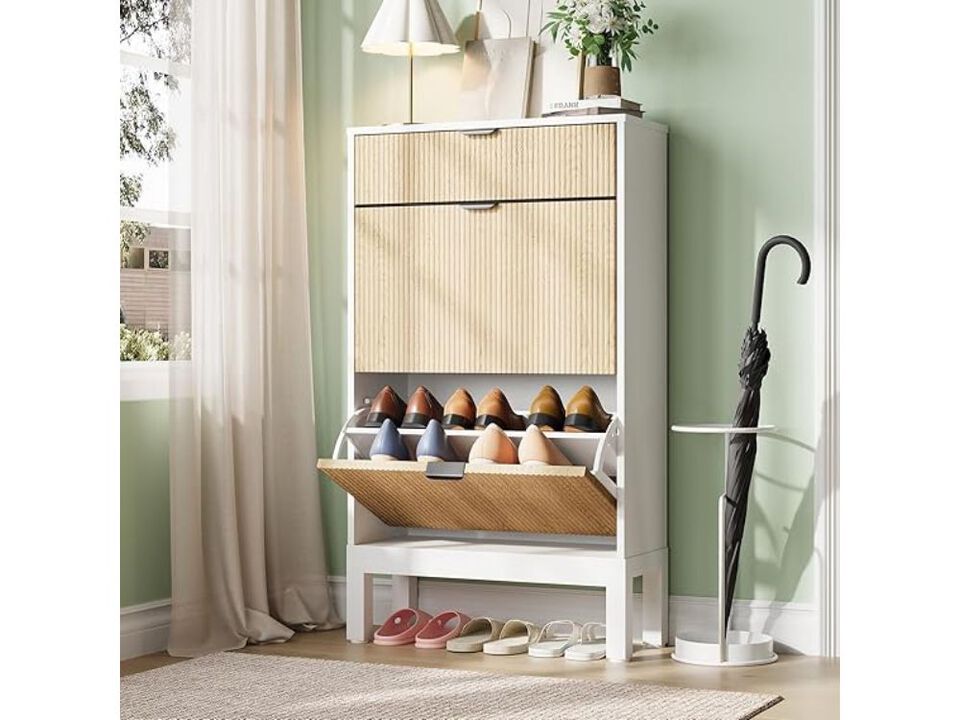 Slim Entryway Wood Shoe Cabinet Flip Drawer Adjustable Space Saving White