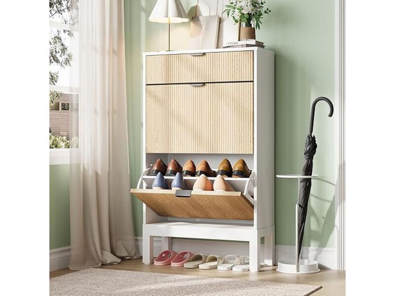 Slim Entryway Wood Shoe Cabinet Flip Drawer Adjustable Space Saving White image number 1