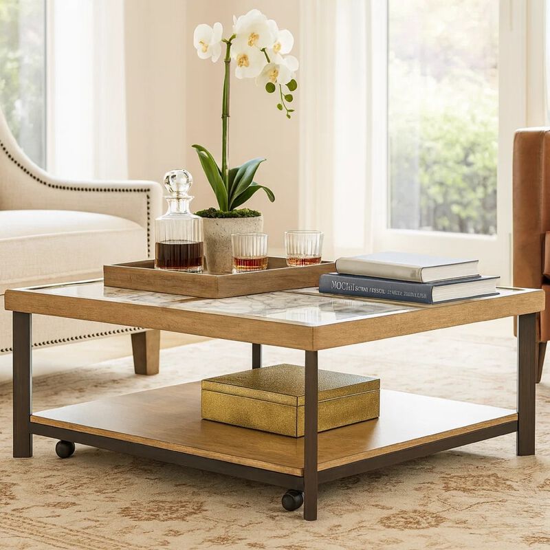 Tey Coffee Table with Caster Wheels, 48 Inch Square, Sintered Stone, Brown image number 6