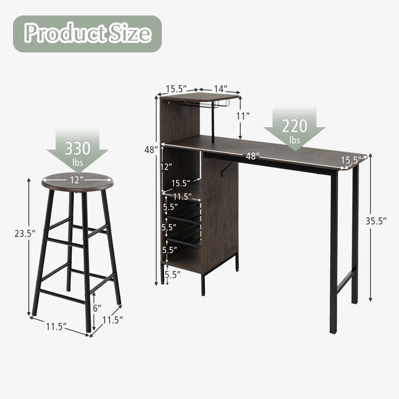 3 Piece Bar Table and Chairs Set with 6-Bottle Wine Rack-Brown