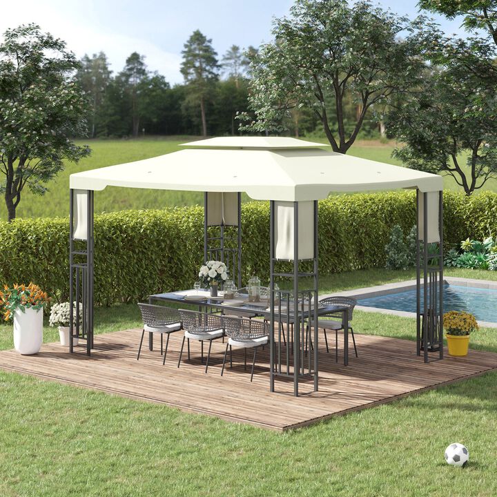 13' x 10' Patio Gazebo Outdoor Canopy Shelter with Double Vented Roof, Storage Shelves, Steel Frame for Lawn, Backyard and Deck, Cream White