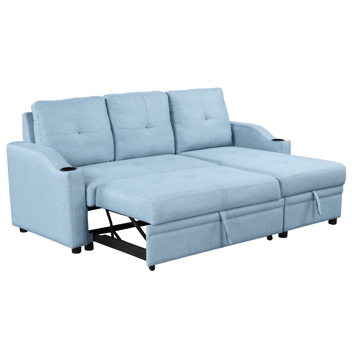 80.3" Pull Out Sofa Bed Modern Padded Upholstered Sofa Bed, Linen Fabric 3 Seater Couch with Storage Chaise and Cup Holder, Small Couch for Small Spaces