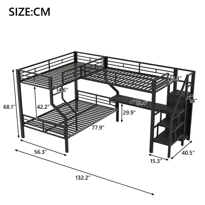 Merax L-Shaped Twin over Full Metal Bunk Bed with Built-in Wardrobe & USB Desk image number 4