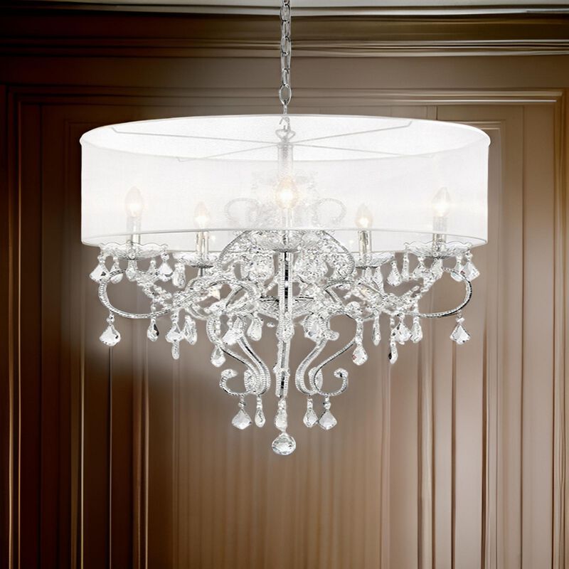 32 Inch Ceiling Lamp with Hanging Crystals, Round Canopy, Silver - Benzara