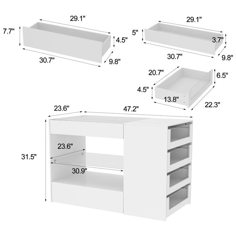 White 8-Drawers 47.2 in. Width Bedroom Dresser with Glass Top and Glass Drawers
