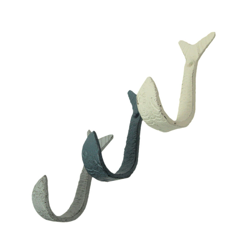 Set of 3 Cast Iron Flipping Fish Wall Hooks 4 Inches Long&ndash; Easy to Hang - Blue ,Gray, White - Coastal Decor Perfection for Beach Towels, Keys or Coats image number 2