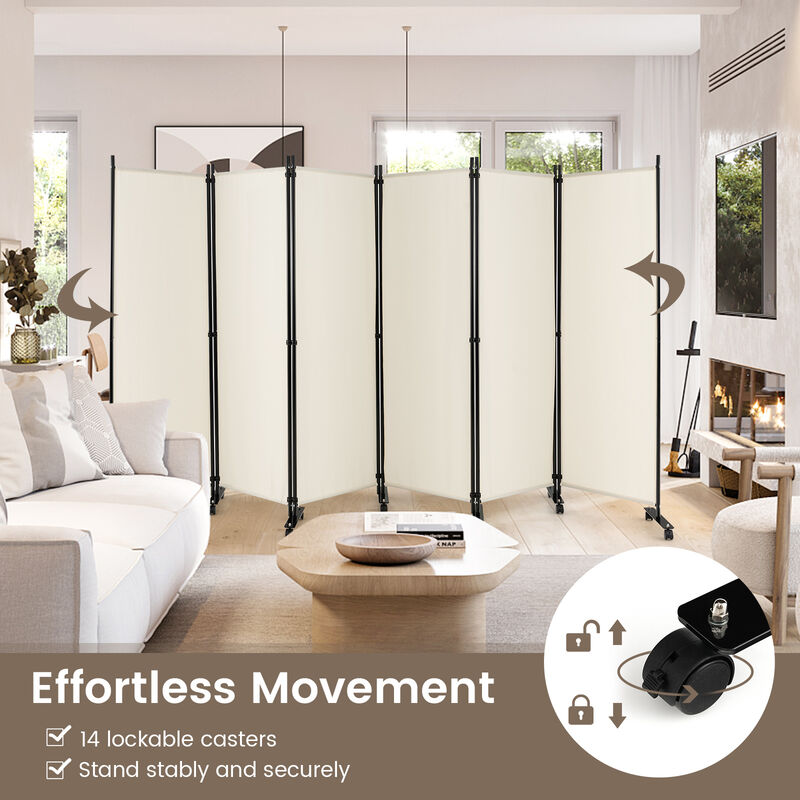 6 Panel 5.7 Feet Tall Rolling Room Divider on Wheels