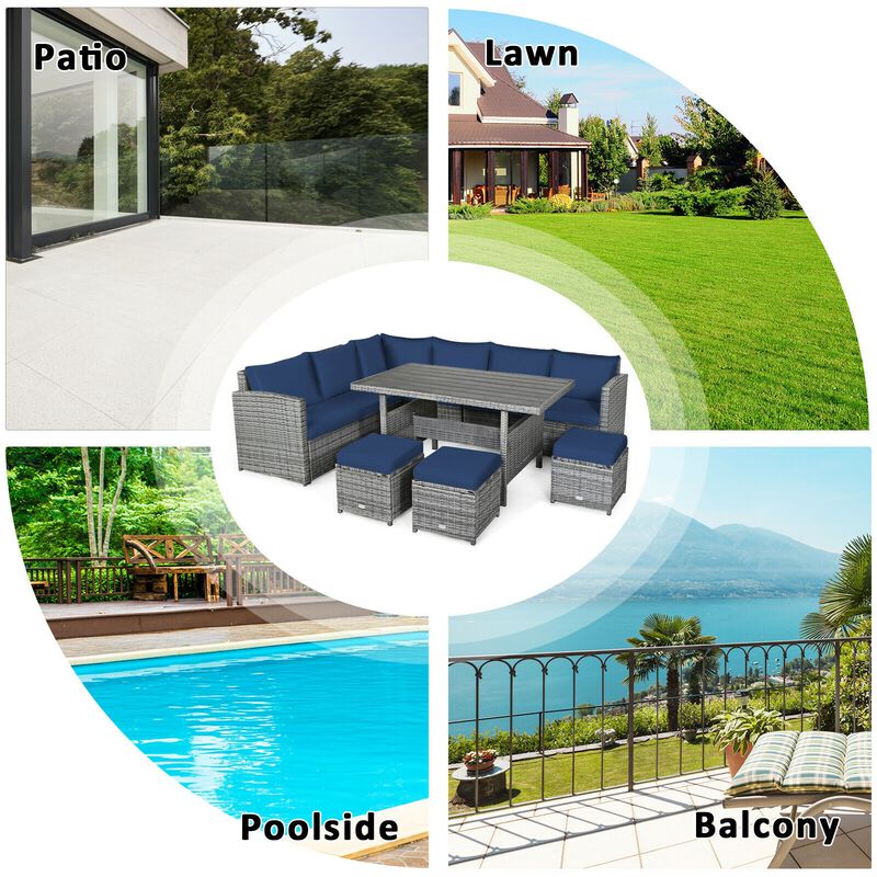7 Pieces Patio Rattan Dining Furniture Sectional Sofa Set with Wicker Ottoman image number 5