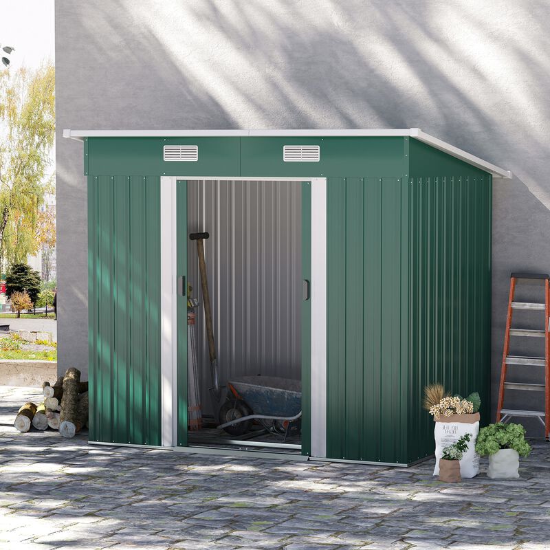 Outsunny 7' x 4' Outdoor Storage Shed, Galvanized Metal Utility Garden Tool House, 2 Vents and Lockable Door for Backyard, Bike, Patio, Garage, Lawn, Dark Green
