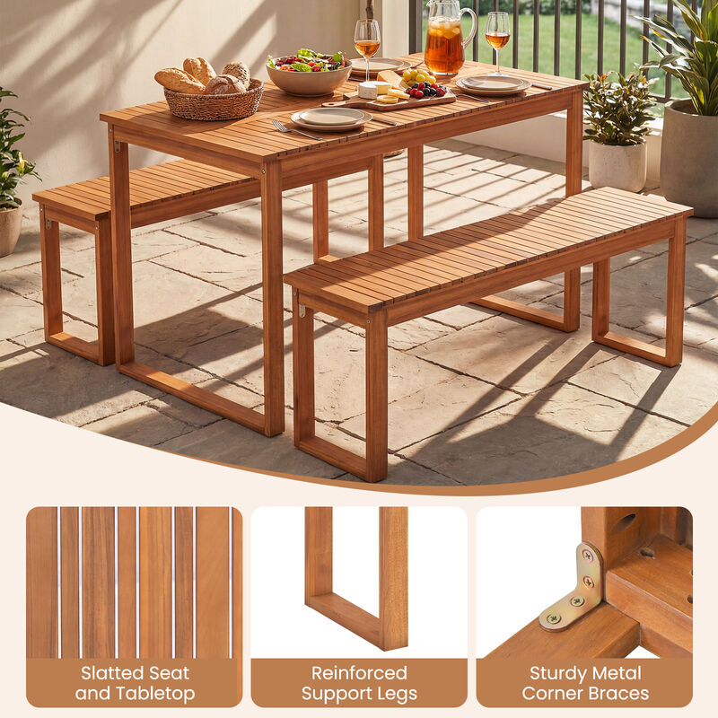 Acacia Wood 3-Piece Outdoor Dining Set with Table and 2 Benches for 4 People image number 4
