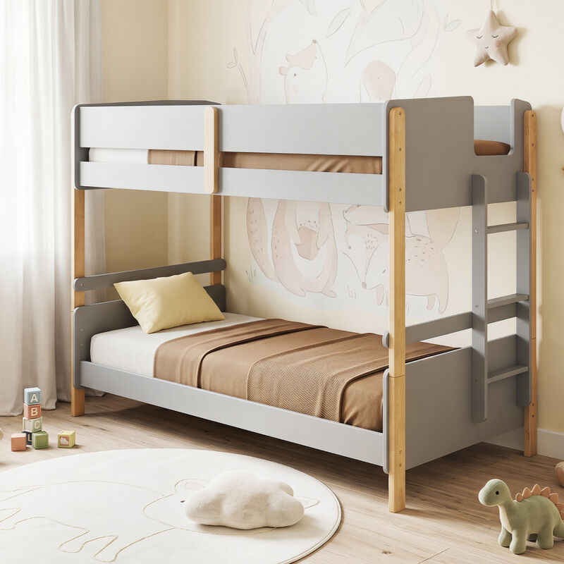 Twin Over Twin Bunk Bed with Ladder Converts to 2 Twin Beds Wood Frame image number 3