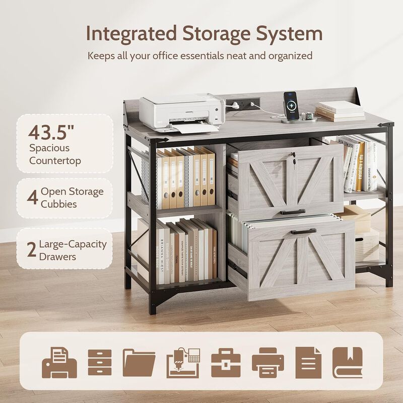 44"W File Cabinet, Lateral Filing Cabinet with 4 Shelves and 2 Drawers, Office Storage Cabinet with Lock & Charging Station, Wooden Printer Stand image number 5