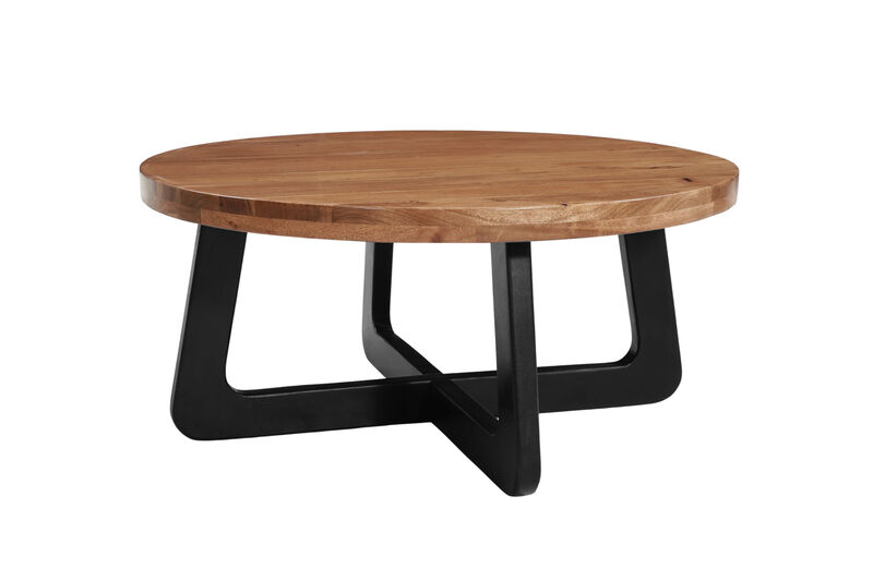 HomeRoots 39" Brown and Black Solid Wood And Iron Round Cross Legs Coffee Table image number 2