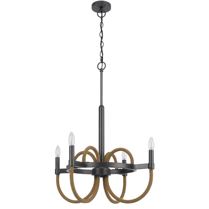 4 Light Candelabra Chandelier, Burlap Accents, Charcoal Gray Metal 24 Inch