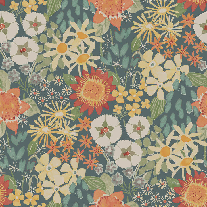 Karina Teal Wildflower Garden Wallpaper