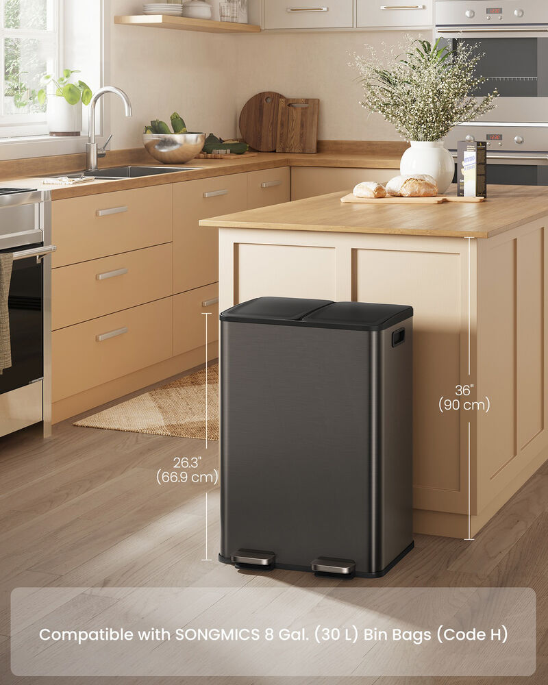 2 x 8 Gallon Dual Trash Can Soft Close Pedal Removable Buckets image number 1
