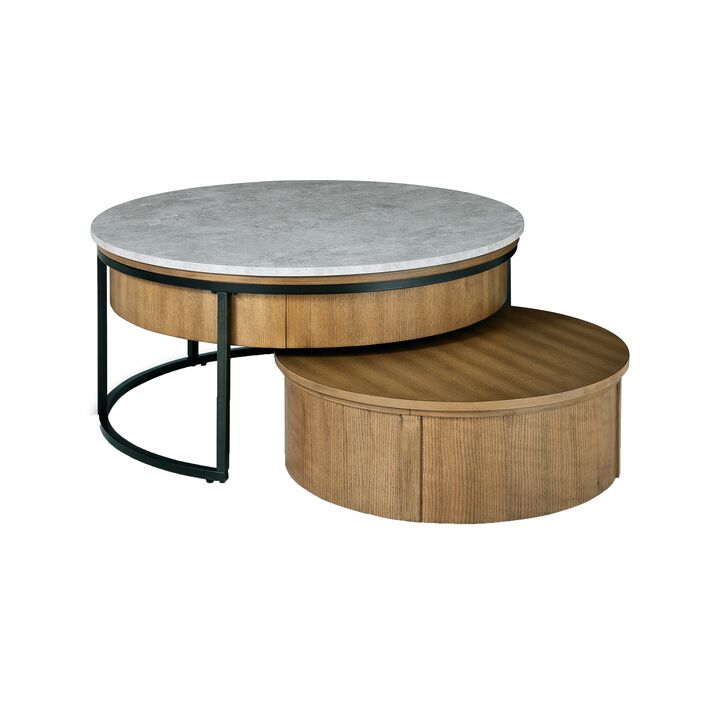 36 Inch 2 Piece Round Nesting Coffee Table, Lift Top Storage, Wheels, Brown-Benzara