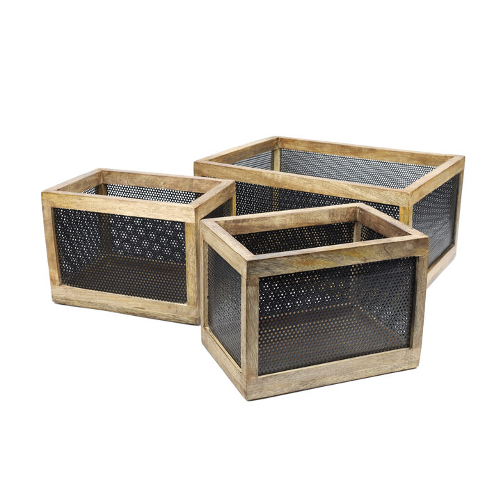 Fallon Modern Minimalist Handmade Wooden Metal Nesting Storage Baskets