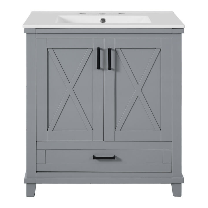 Whisen 30-inch Bathroom Vanity with Single Sink, Solid Wood Frame + MDF, 2 Soft-Close Doors, 1 Divided Drawer, Dual Storage Shelves