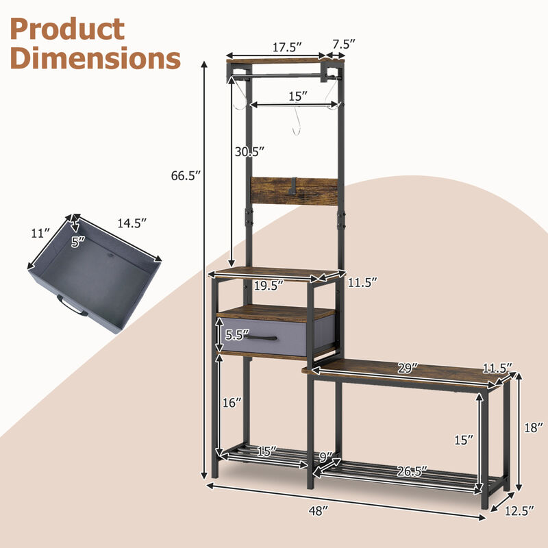 7-in-1 Entryway Organizer with Shoe Bench, Hooks and Storage Drawer image number 2