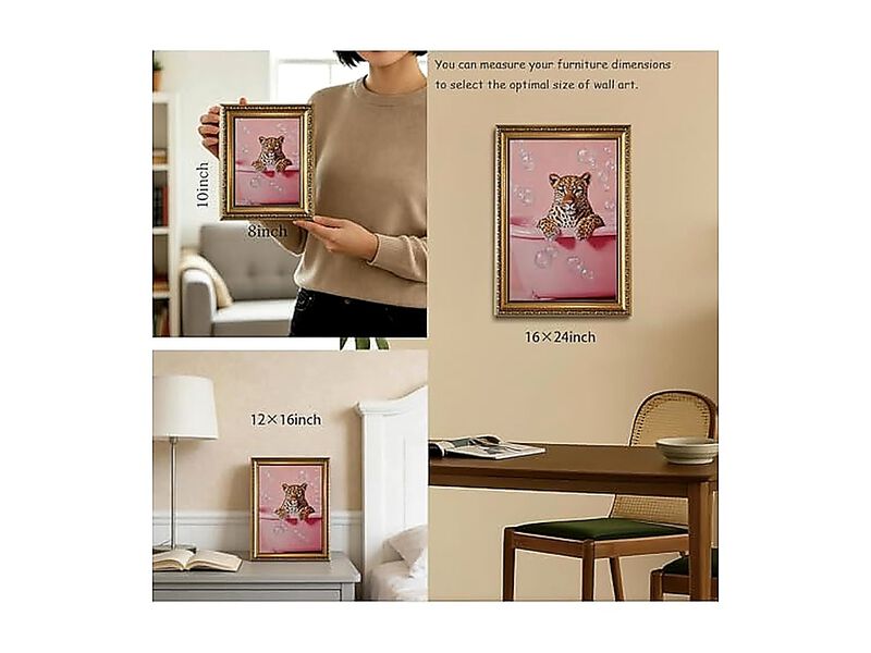 Gold Framed Bathroom Wall Art Pink Leopard Decor Cheetah Canvas Girly Maximalist image number 3