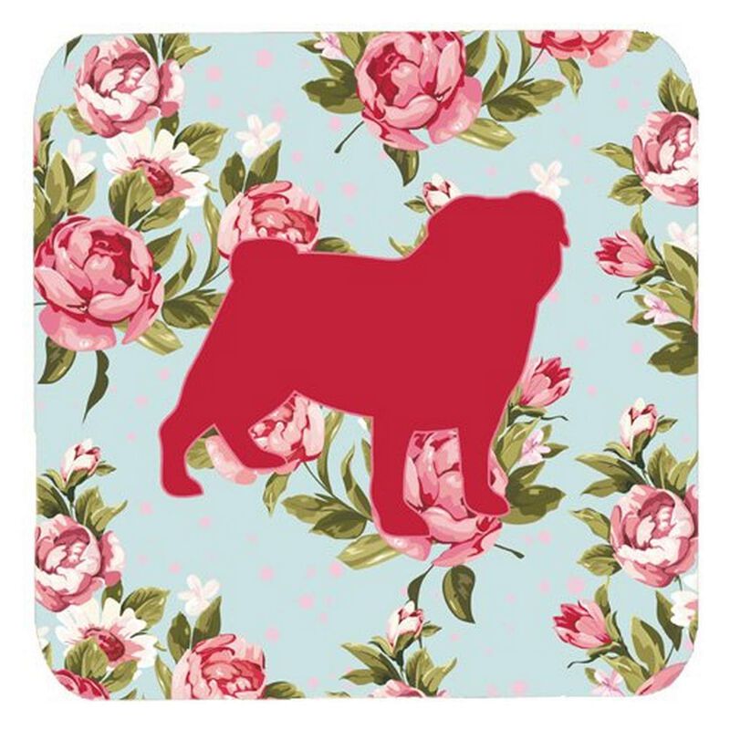 Caroline's Treasures BB1112-RS-BU-FC Pug Shabby Chic Blue Roses Foam Coasters (Set of 4), 3.5 H x 3.5 W, Multicolor
