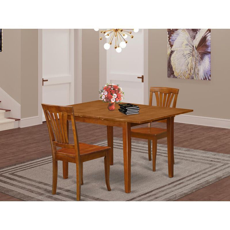 3 Pc Milan Kitchen Table offering Leaf and 2 Wood Kitchen Chairs in Saddle Brown