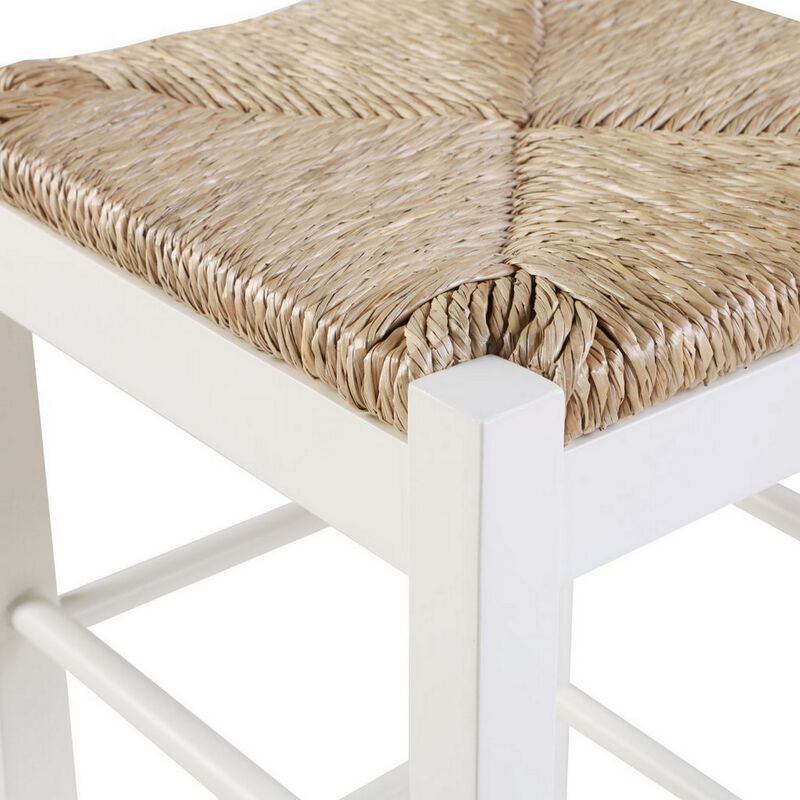 Square Wooden Frame Counter Stool with Hand Woven Rush, White and Brown-Benzara