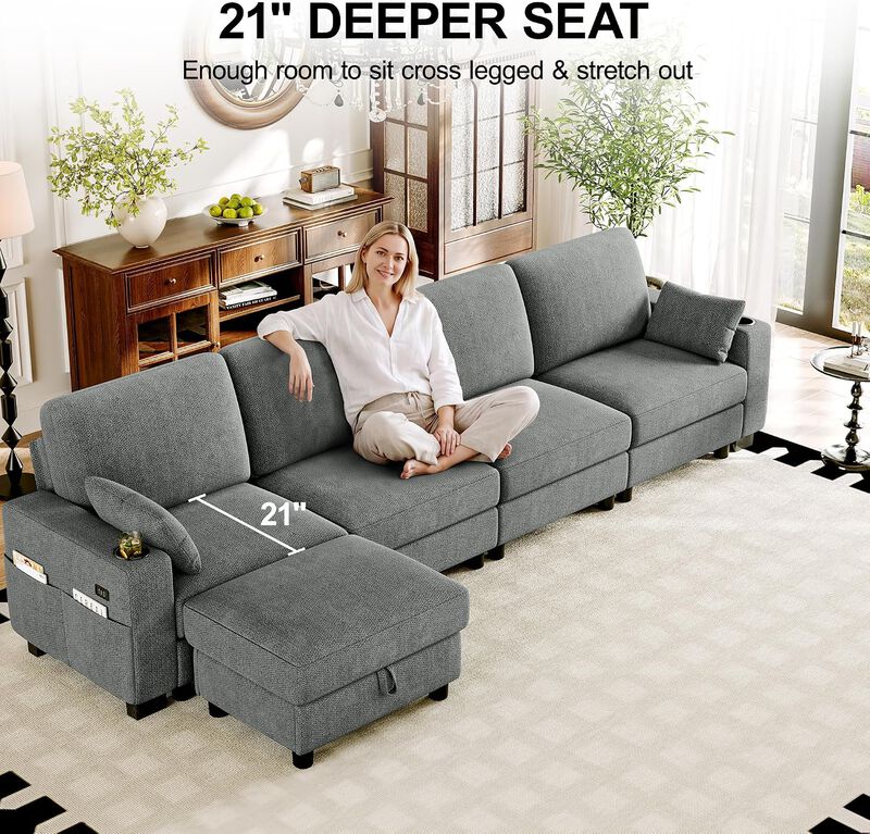 Vipbear 128 Inch Modular Sectional Sofa, Comfy Chenille 5 Seater L Shaped Cloud Couch with Ottoman image number 5