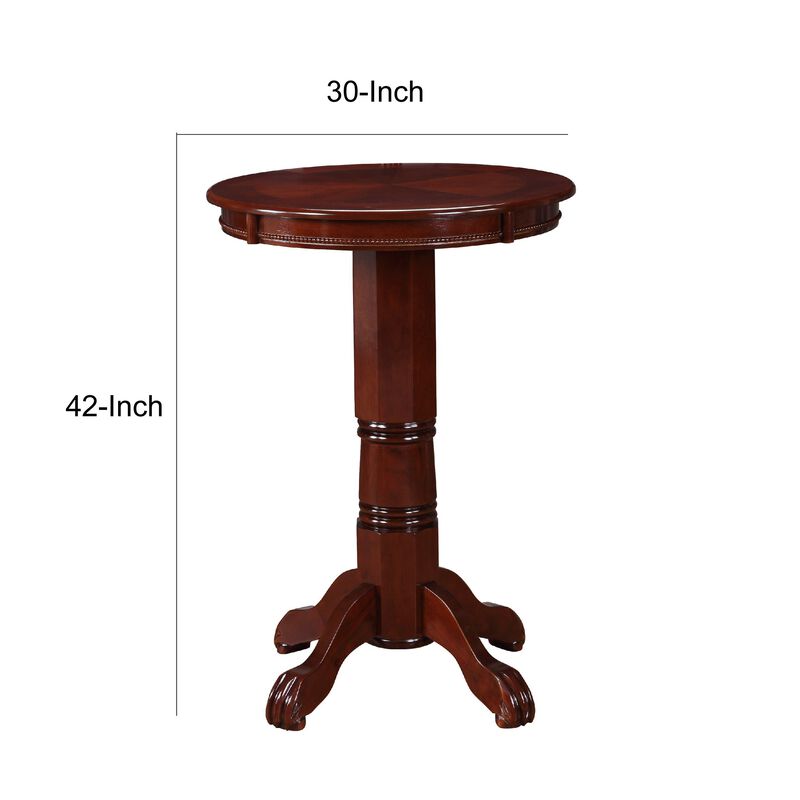 Ava 42 Inch Wood Pub Bar Table, Sunburst Design, Carved Pedestal, Dark Brown