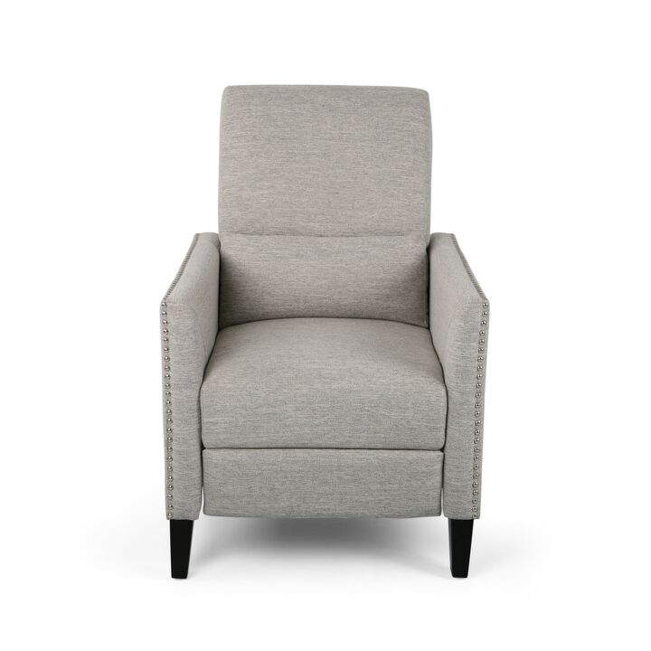 Davy Pushback Recliner Chair, Nailhead Trim, Birch Wood, Gray Fabric - Benzara