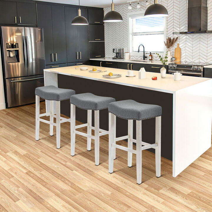 WestinTrends 29" Upholstered Saddle Seat Antique White Bar Stool (Set of 3)