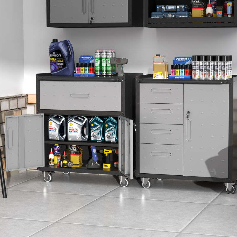 Mondawe Modern Metal Tool Cabinet, Black Grey Mobile Heavy-Duty Storage Cabinet With Wheels